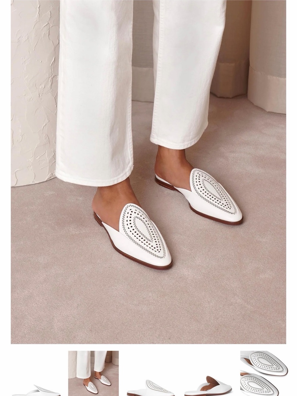 Aria White Pointed Slip-On Mules with Perforated Teardrop Design